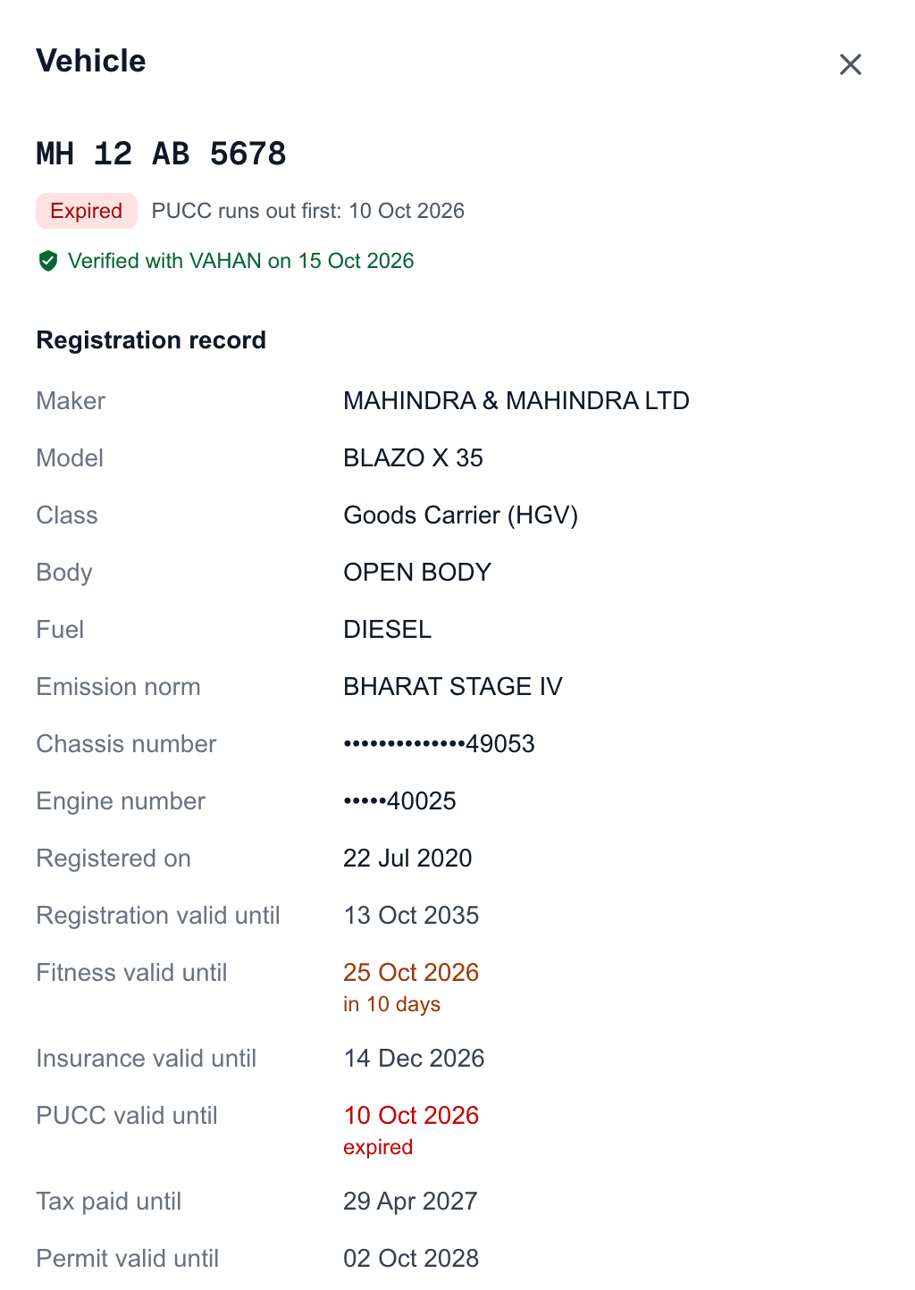 Product screenshot: a vehicle opened with its papers and dates